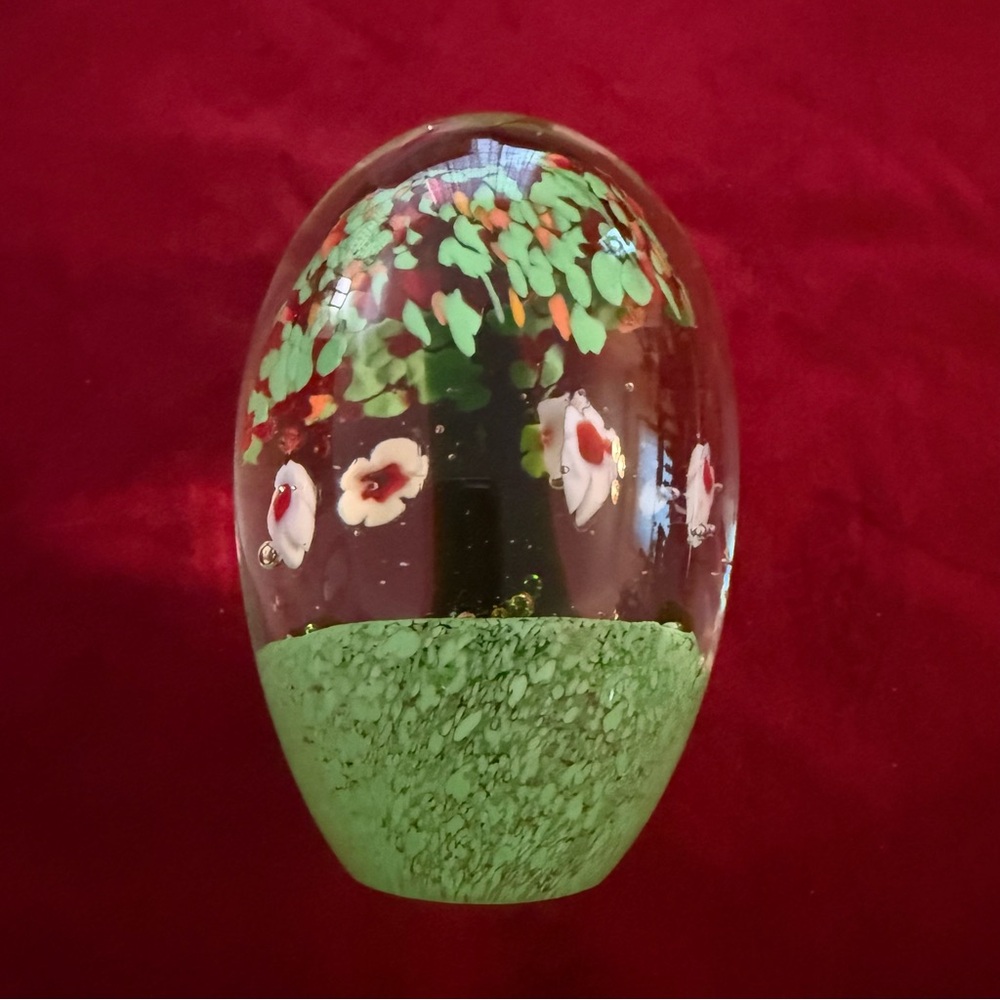 Handcrafted Glass Paperweight with Floral and Tree Design